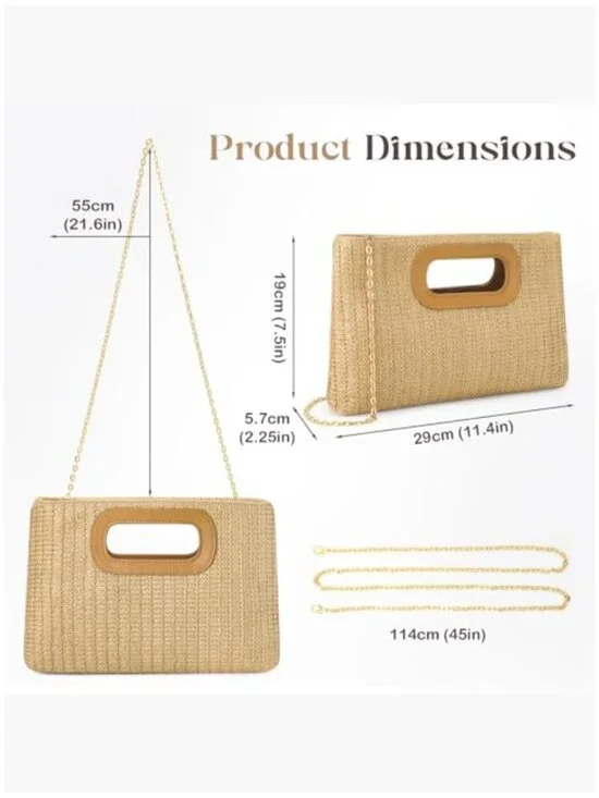 Woven Straw Clutch Purse with Detachable Chain Strap, Polyester and PU Leather - Picture 5 of 7